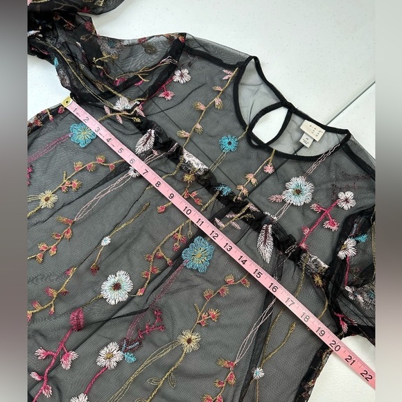 A New Day Floral Embroidered Sheer Mesh Long Frilled Puff Sleeve Blouse - Picture 6 of 13